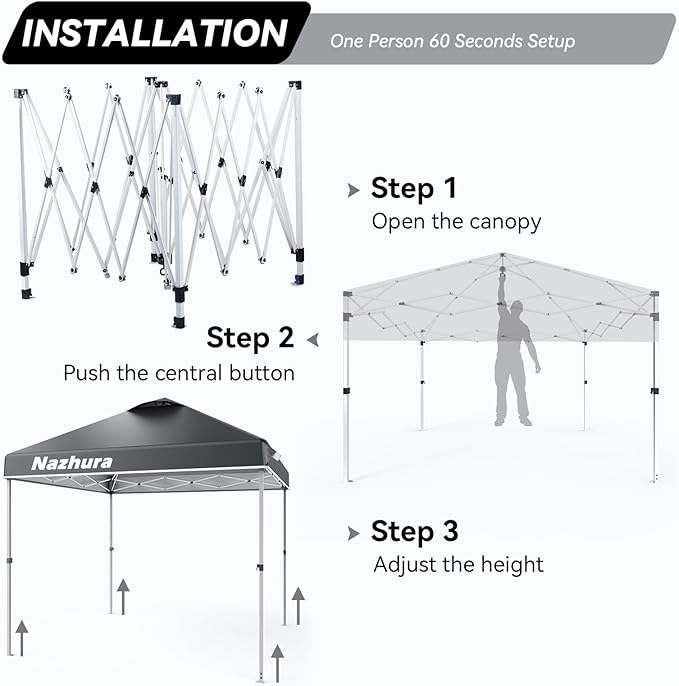 Nazhura 10' x 10' Pop Up Canopy Tent with Sand Weight Bag, Awing for Patio, Freestanding Sun Shelter for Picnic and Camping, One Person Setup, White (Grey)