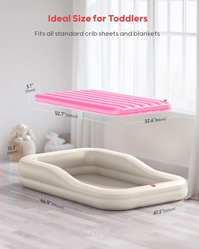 QPAU Inflatable Toddler Travel Bed with Tent, Portable Kids Air Mattress with Safety Sides, Ideal for Home, Grandma's, Camping, Traveling -Includes Fast Electric Pump