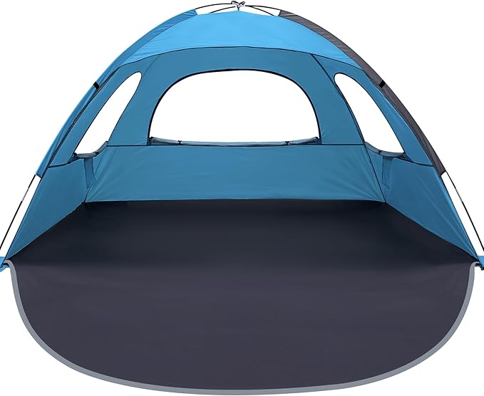 WhiteFang Beach Tent Anti-UV Portable Sun Shade Shelter for 3 Person, Extendable Floor with 3 Ventilating Mesh Windows Plus Carrying Bag, Stakes and Guy Lines (Blue)