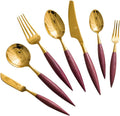 42 Piece Gold Silverware Set Stainless Steel Violet Wood Handle Flatware Set for 6，Kitchen Utensil Tableware Sets Forks Spoons and Knives Set for Home/Camping/Travel,Mirror Finish