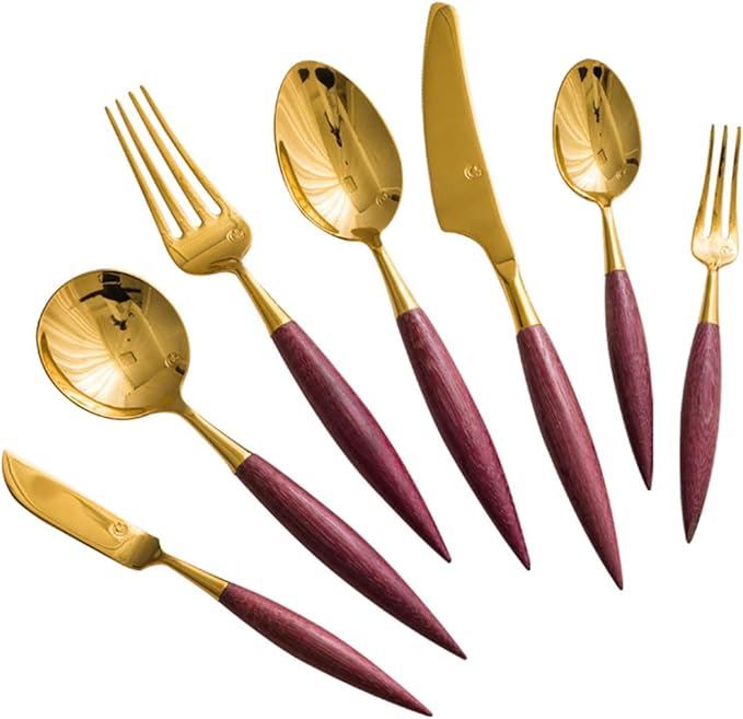 70 Piece Gold Silverware Set Stainless Steel Violet Wood Handle Flatware Set for 10，Kitchen Utensil Tableware Sets Forks Spoons and Knives Set for Home/Camping/Travel,Mirror Finish