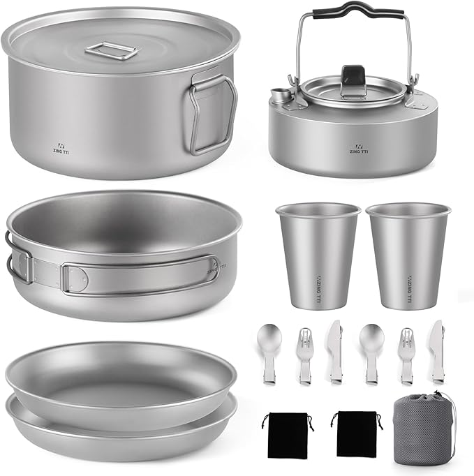 ZING TII Titanium Camping cookware Set, Camping Essentials，Camping Pot，Camping Gear，Camping pots and Pans Set with Pots, Cups，Pans，Tableware.