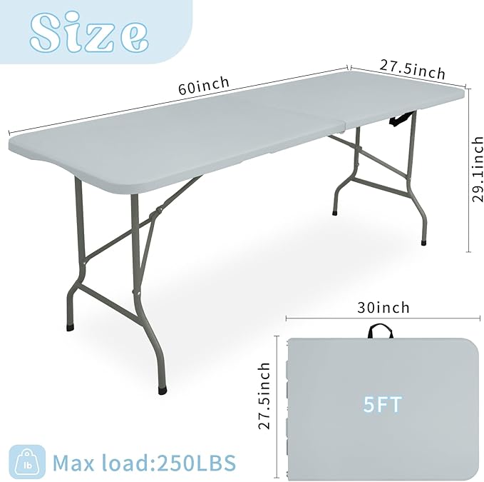 Set of 2 Folding Table 5 FT Camping Table Portable Heavy Duty Plastic Rectangular Outdoor Dining Table Steel Legs Fold-in-Half with Carrying Handle for Indoor,Picnic,Party,Wedding,Events(Grey)