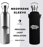 Tactiko Survival 51 oz/1500 ml Stainless Steel Wide Mouth Water Bottle, Single Wall Boil-Safe, Leakproof, BPA-Free with Carry Sleeve and Strap for Camping, Hiking, Outdoor Prep (Black)