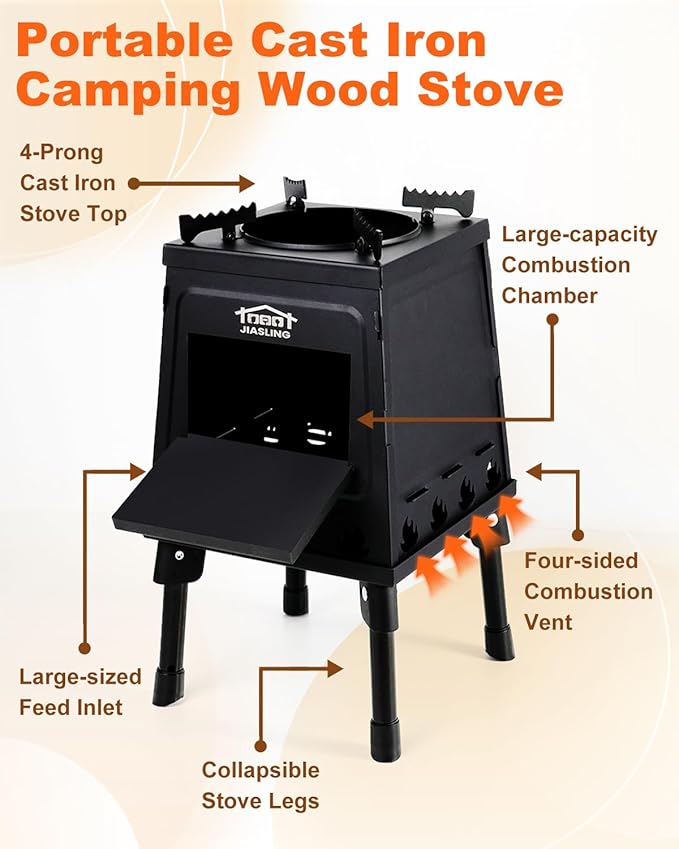 Portable Wood Burning Stove - Lightweight Cast Iron Camp Stove for Backpacking，A Small Size 8.9in * 8.9in * 8.7in Backpacking Camping Stove Kit (Black, Small)