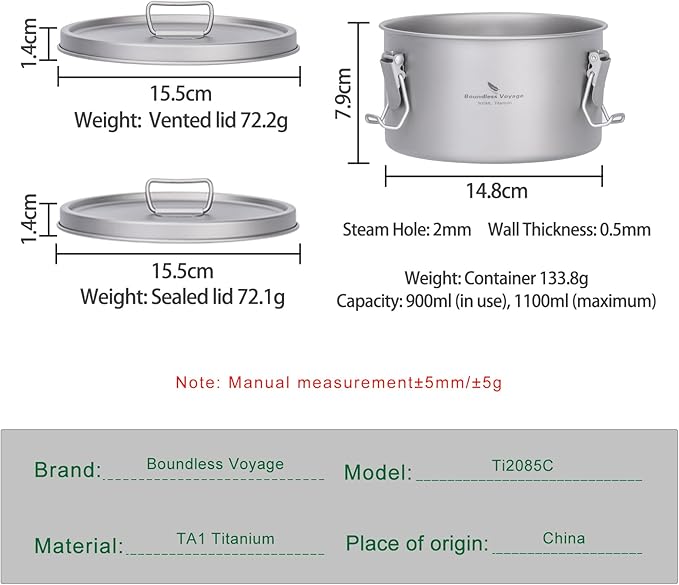 Boundless Voyage Titanium Sealed Lunch Box with Leak-Proof Lid Camping Cookware Lightweight Outdoor Cooking Pot for Backpacking Hiking Picnic & Travel Food Container (Ti2085C/0.9L)