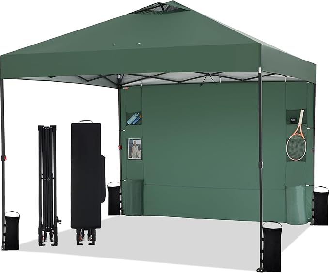 10'x10' Pop Up Canopy Tent with 1 Sidewall and 6 Pockets, One Push Setup, Instant Shade Tent with Vented Roof for Beach Patio Outdoor, Case, 8 Stakes, 4 Ropes, 4 Sandbags (Green, 10x10)