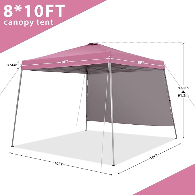 GDY 8X10 FT Pop Up Canopy Outdoor Instant Tent Slant Legs with a Sidewall,Equipment Vents, Portable Gazebo Shelter for Patio, Deck, Beach and Garden,Pink.