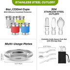 Camping Tableware Set 4 Person Outdoor Picnic Cooking Supplies with Bucket Bowl Pans Fold Knife Fork Cookware 29PCS Kit