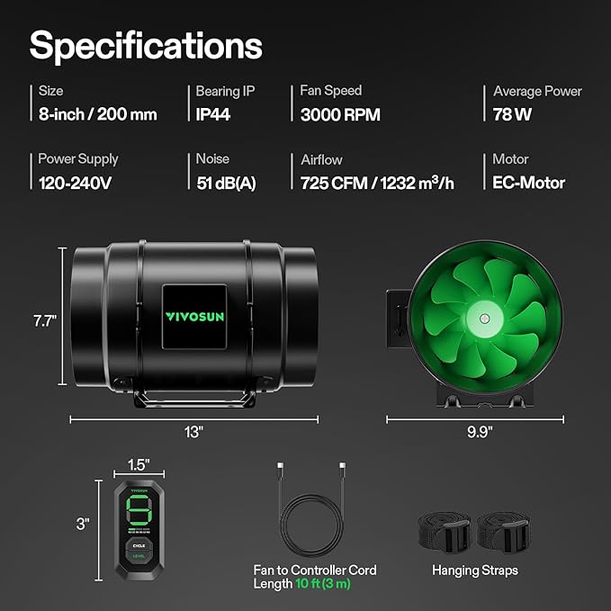 VIVOSUN G8 8" Inline Duct Fan & 3 Cycle Modes E12 Speed Controller, AeroZesh Grow Tent Kit Ventilation Fan with 725 CFM EC Motor, Programmable Exhaust Fan for Heating Cooling Booster, Hydroponics