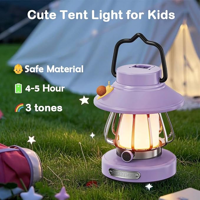 Kids Lantern with 3 Color Light & USB-C Rechargeable, Dimmable Camping Night Light for Children, Safe & Durable ABS Plastic Toddler Flashlight for Bedroom, Tent, Emergency (Purple)