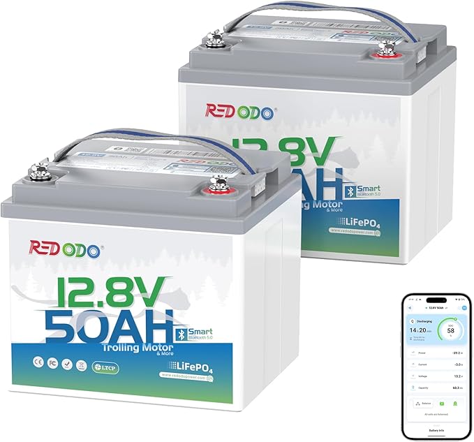 Redodo Bluetooth 12V 50Ah LiFePO4 Battery Bulit in BMS, Low-Temp Protection, 10 Years Lifetime, Lightweight Lithium Battery Perfect for RV, Solar, Boat Marine and Trolling motor Camping 2 Pack