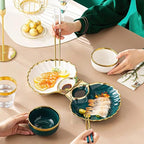 Tableware Set,Green Gold Rim Ceramic Dinner Plate Shell Breakfast Snack Dumpling Dishes Food Salad Noodle Bowl Soup Chopsticks Tableware Set