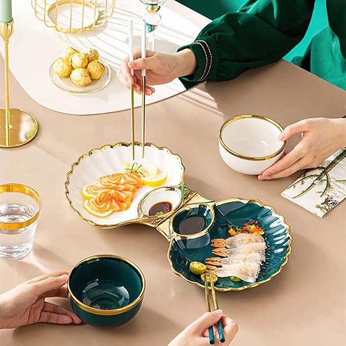 Tableware Set,Green Gold Rim Ceramic Dinner Plate Shell Breakfast Snack Dumpling Dishes Food Salad Noodle Bowl Soup Chopsticks Tableware Set