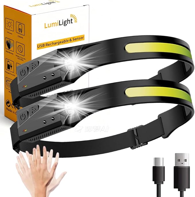 LumiLight LED Headlamp Rechargeable, Lumi Light LED Head Band Headlamp, 230° Wide Beam Head Lamp with Motion Sensor for Adults, 5 Mode Waterproof Lightweight Outdoor Camping Hiking Essentials (2pcs)
