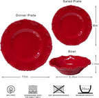 Christmas Red 18 Piece Beaded Melamine Dinnerware Sets, Service for 6, Lightweight Unbreakable, BPA Free With Scalloped rim Plates and Bowls Sets, Dishwasher Safe, Indoor and Outdoor Use