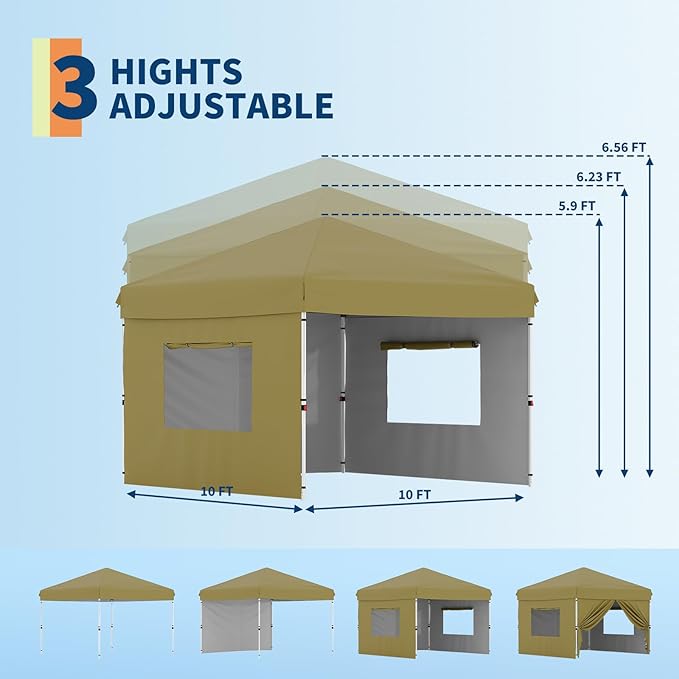 10x10 Pop Up Canopy with 3 Sidewalls - Easy Up Camping Tent with One Button Push Setup - 1 Roller Bag, 3 Adjustable Height, 4 Weight Bags for Deck, Garden, Sports, Beach, Party - Khaki