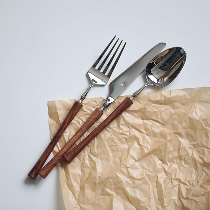 48 Piece Silverware Set Service for 8,Imitation Wooden Handle Steel Flatware Set Vintage Embossed Cutlery Utensil Set Home Kitchen Eating Tableware Set Include Fork Knife Spoon Set Dishwasher Safe