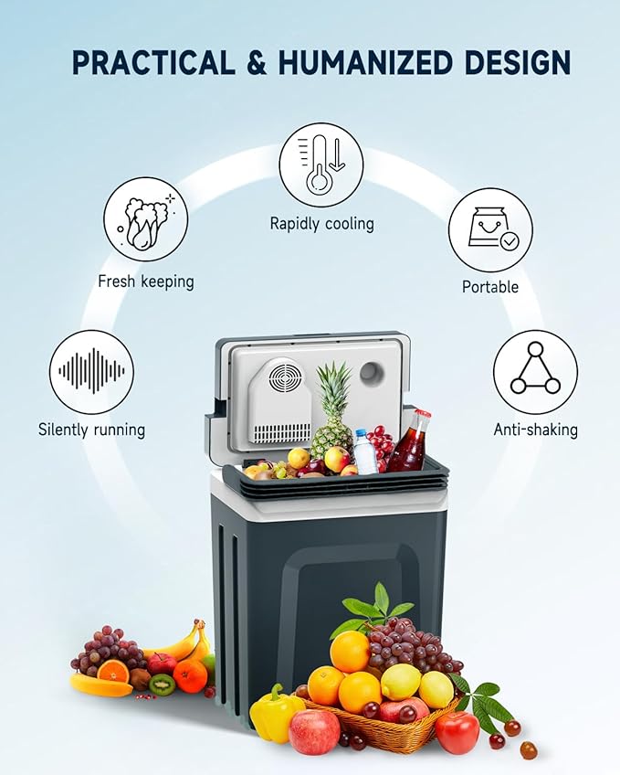 SubSun Electric Cooler and Warmer with Handle，27 Quart (25 L) Portable Thermoelectric Fridge， Car Fridge Cooler with 12V DC & 110 AC for Camping, Travel & Picnics,Grey