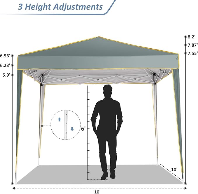 COBIZI 10x10 Pop up Canopy Tent Gazebos, Ez up Canopy 10x10 for Parties Beach Camping Party Event Shelter Sun Shade with 4 Sidewalls & Carry Bag 4 Stakes & Ropes & Sandbags, Grey