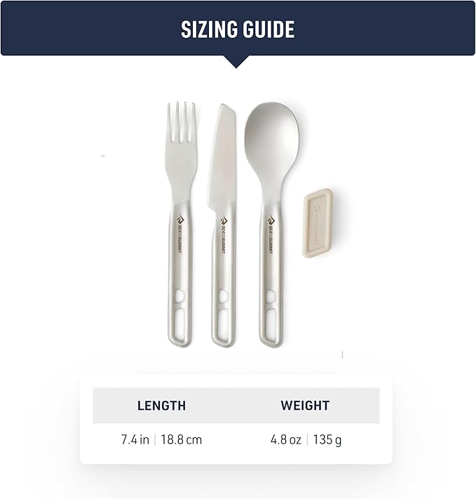 Sea to Summit Detour Stainless Steel Camp Cutlery Set, 1-Person (Knife, Fork, Spoon w/Silicone Keeper)