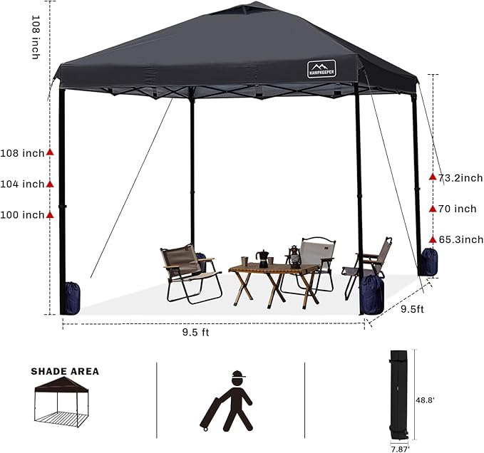 KAMPKEEPER 10x10 Pop Up Commercial Canopy Tent - Waterproof & Portable Outdoor Shade with Adjustable Legs, Air Vent, Carry Bag & Sandbags(Black)