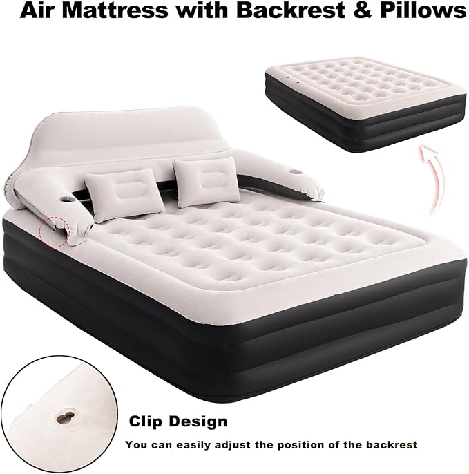 RAPTAVIS Queen Size Air Mattress Inflatable Bed with Pump and Headboard, Blow Up Mattress