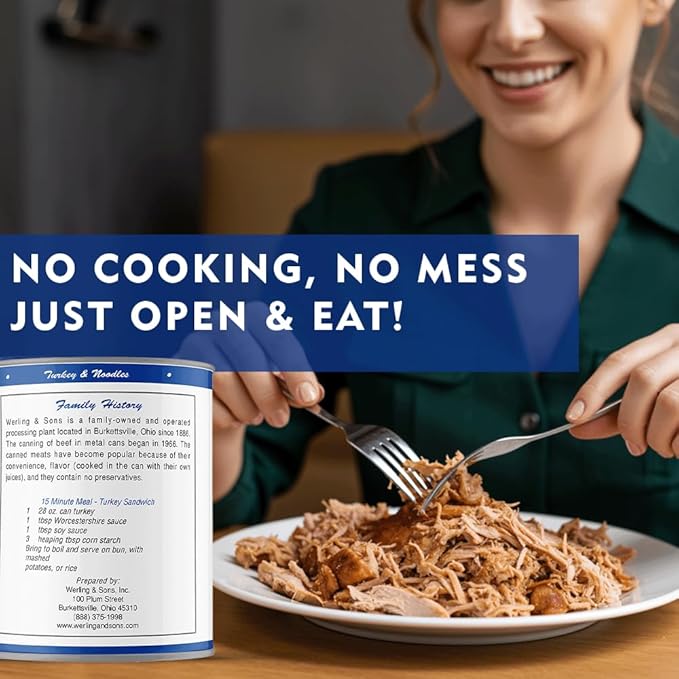 Werling & Sons Fully Cooked Canned Turkey Meat 28 Oz Heat & Eat Premium Quality Recipe Ready Canned Meat for Everyday Quick Meals, Camping, Emergency Canned Food & Survival Preparedness Pack of 1