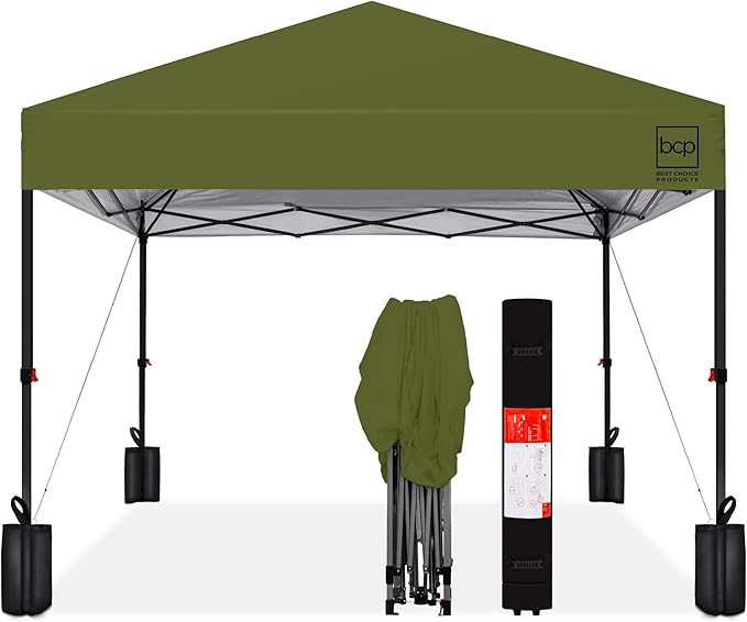 Best Choice Products 10x10ft Pop Up Canopy Tent, Outdoor Shade, 1 Person 1 Minute Set Up, Carry Case, 4 Weight Bags - Olive Green