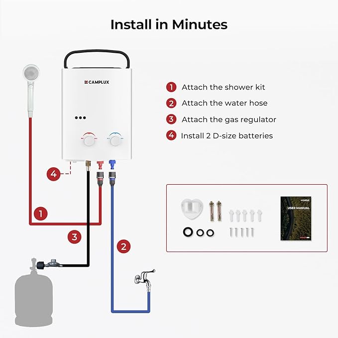 Camplux Tankless Water Heater, 1.32 GPM Portable Propane Outdoor Camping Water Heater, 5L, AY132, White