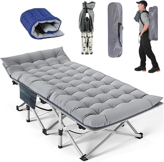 Heavy Duty Camping Cot for Adults with Mattress, 10-Leg Portable Folding Cot Bed, Extra Stable Sleeping Cot for Camping, Travel, Tent & Indoor Guest Use, 500 lbs Capacity (C-Gray&biue)