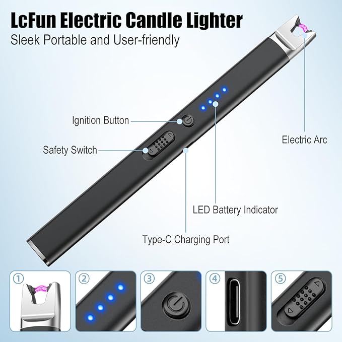LcFun 3 Pack Electric Candle Lighter USB Rechargeable Arc Lighter with Safety Lock, Windproof Flameless Plasma Long Matches Lighters for Candle, Grill, BBQ, Camping, Gas Stoves (Black,Pink,Blue)