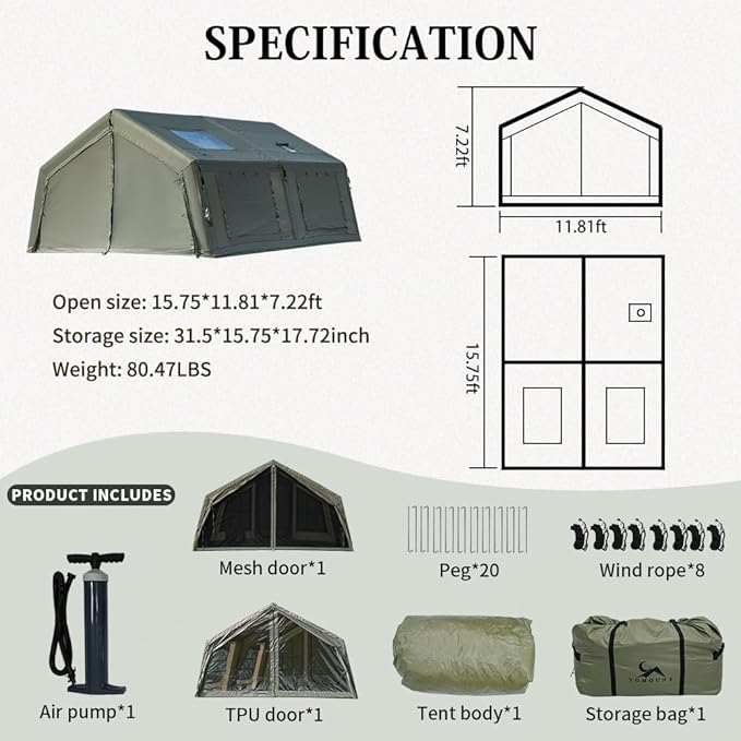 MC TOMOUNT Inflatable Tents for Camping, 6/8/10 Person Large Family Blow Up Camping Tent with Hand Pump, Easy Setup Air Glamping Tent for Outdoor Picnic Party