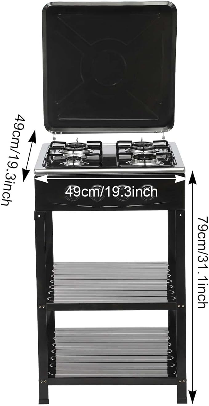 4 Burner Gas Stove Portable Outdoor Stove with Removable Storage Stand, Heavy Duty Stainless Steel Propane Gas Cooker with Wind Blocking Cover for Camping Picnic Home RV Cooking (no hose)