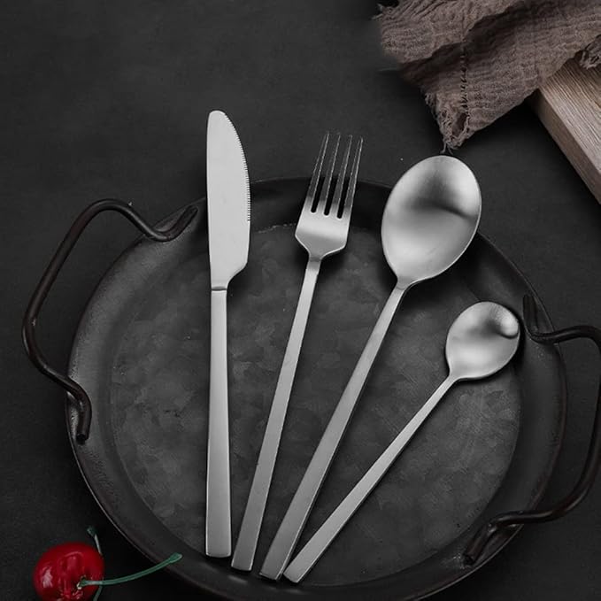 Portable Silverware Set Camping Flatware Stainless Steel Cutlery Set Include Knife Fork Spoon Dessertspoon and Tableware Bag