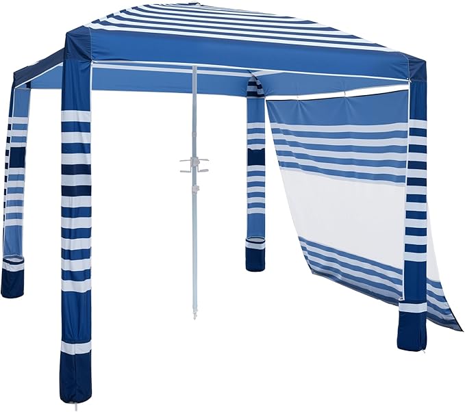 VEVOR Beach Cabana, 8 x 8 ft Beach Canopy with Side Wall, UPF 50+ Protection Easy Setup Cabana Tent with Sand Pockets, Adjustable Height Portable Shade Sun Shelter Umbrella for Family, Navy Stripes
