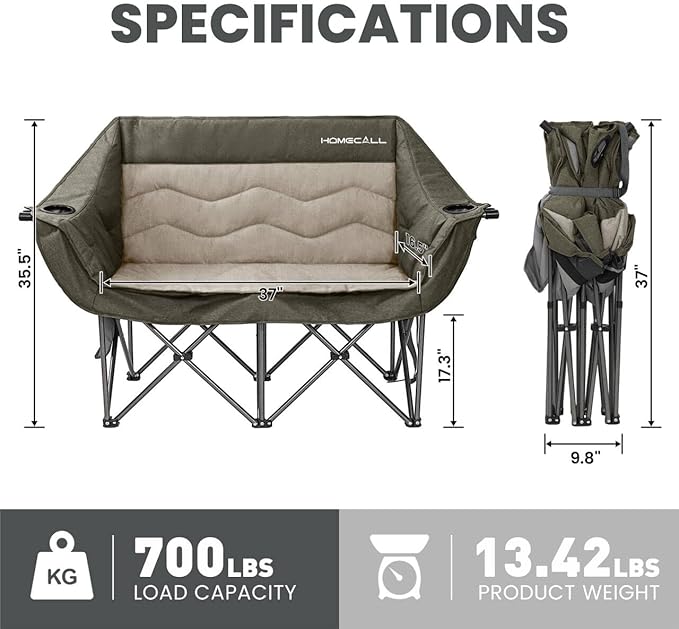 Double Camping Chair for Adults - Heavy Duty Folding Loveseat Support 700 lbs, 2 Person Padded Camping Couch Portable with Cup Holders & Storage Bag for Camping, Lawn, Sports, Green