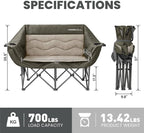 Double Camping Chair for Adults - Heavy Duty Folding Loveseat Support 700 lbs, 2 Person Padded Camping Couch Portable with Cup Holders & Storage Bag for Camping, Lawn, Sports, Green