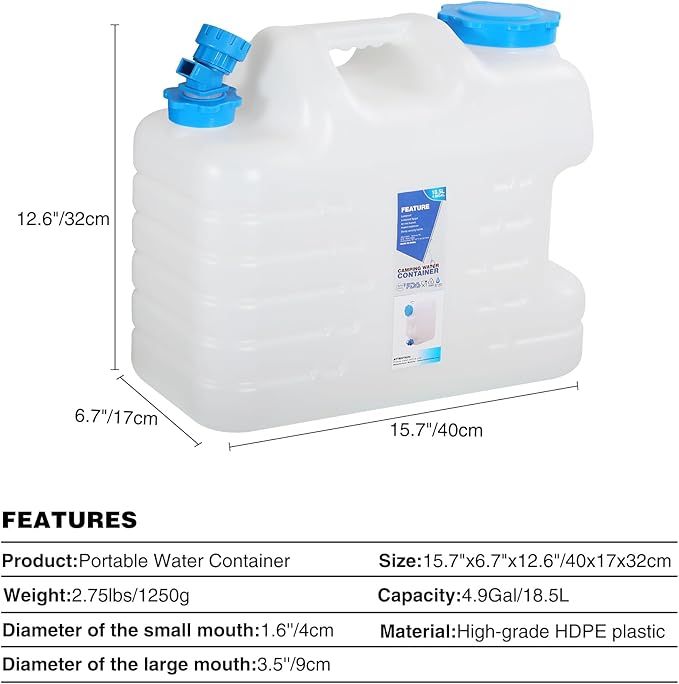 REDCAMP 5 Gallon/18.5L Portable Water Container with Spigot - Camping & Emergency Water Storage for Car, Hiking, Hurricane Supplies, 4 Pack