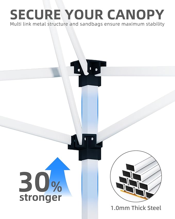 GarveeLife 10x10 Pop Up Canopy with One Button Push Setup - Heavy Duty Outdoor Canopy Tent with Portable Roller Bag - 3 Adjustable Height, 4 Weight Bags, 8 Stakes & 4 Guy Ropes Included, White