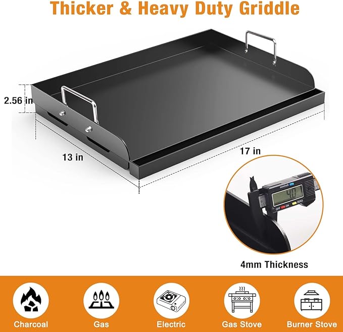 Griddle for Gas Grill, 17" x13” Universal Griddle Flat Top Plate with Removable Handles for Charcoal/Gas Stove, Nonstick Coating Cooking Griddle Plate Insert for Camping, Tailgating, Parties