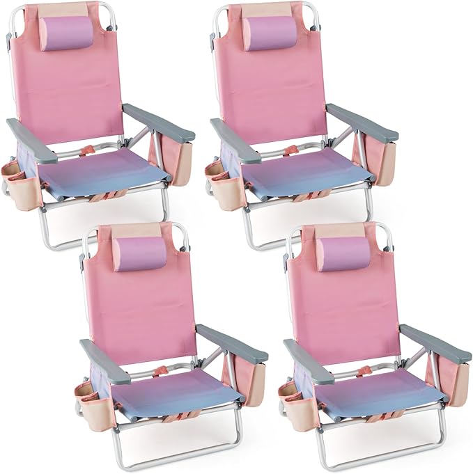 GYMAX Beach Chairs, Backpack Camping Chair with Armrest, Cooler Bag, Cup Holder, Towel Bar & Side Pockets, Sunbath Sling Tanning Lounge, Folding Layout Chair (4 Chairs Without Table, Pink)