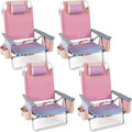 GYMAX Beach Chairs, Backpack Camping Chair with Armrest, Cooler Bag, Cup Holder, Towel Bar & Side Pockets, Sunbath Sling Tanning Lounge, Folding Layout Chair (4 Chairs Without Table, Pink)