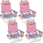 GYMAX Beach Chairs, Backpack Camping Chair with Armrest, Cooler Bag, Cup Holder, Towel Bar & Side Pockets, Sunbath Sling Tanning Lounge, Folding Layout Chair (4 Chairs Without Table, Pink)