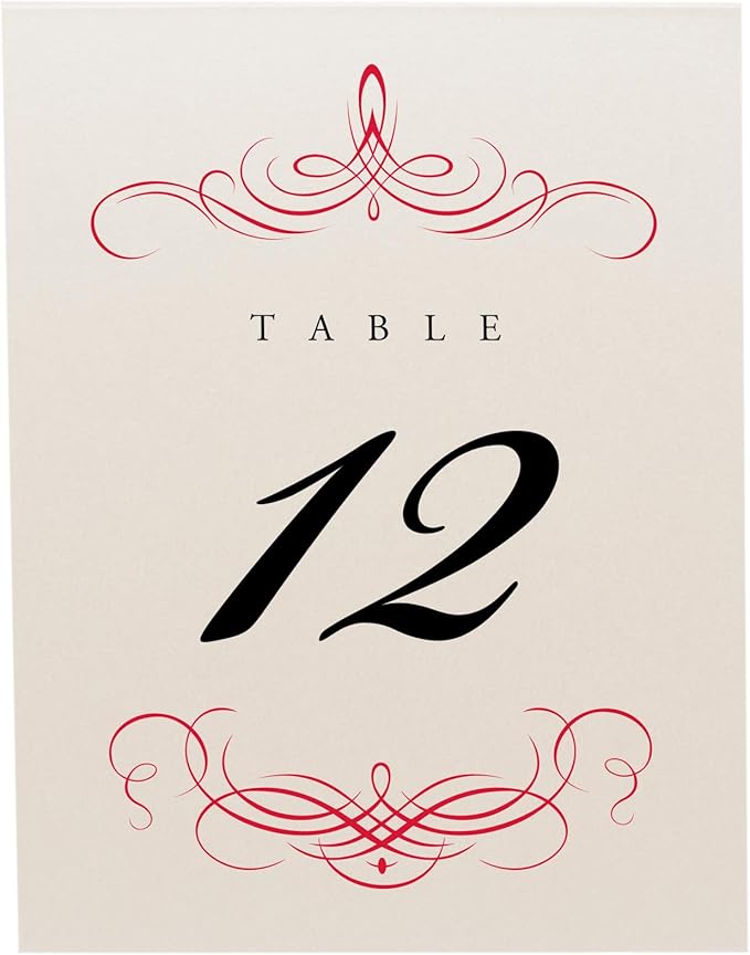Decadent Flourish Wedding Table Numbers (Select Color/Quantity), Champagne, Ruby Red, 1-40, Double Sided, Tent or Use in a Stand, Great for Parties & Restaurants