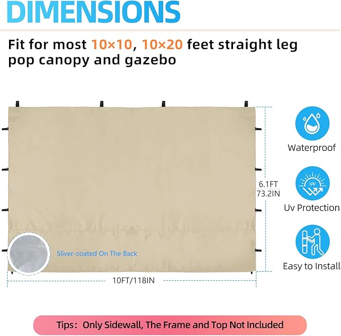 Joramoy Instant Canopy Sidewall 10×10 for Pop Up Tent, Waterproof Sunwall for Straight Leg Canopy with UV Protection, 1 Pack Side Panels Only(10×10, Beige)