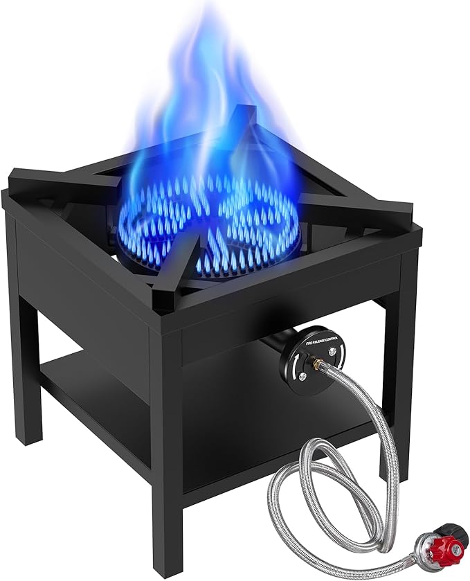Llamaviva Single Propane Burner 260K BTU, Heavy-Duty Gas Camping Stove, Outdoor Burner with Adjustable 0-30Psi Regulator and Steel Braided Hose