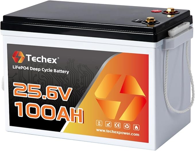Techex 24V 100Ah LiFePO4 Battery, 200A BMS, 5120W Load Power, Low Temp Cut Off, Deep Cycle, 24V lithium battery for Trolling Motor, Boat, RV, Solar, Camping, Off Grid （No Bluetooth）