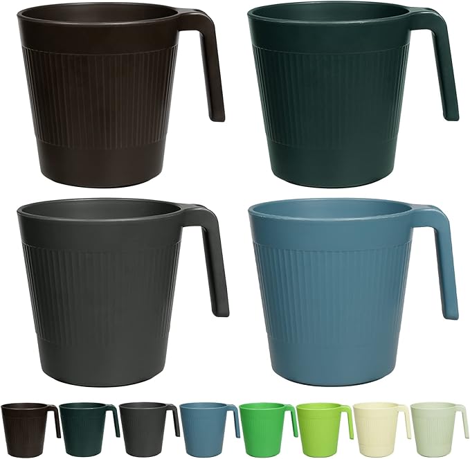 Ribbed Drinking Glasses Coffee Mugs Set of 8, Plastic Coffee Cups 16.9 OZ Unbreakable Tumblers with Handle, Reusable Drinking Cups for Camping/Dorm/RV