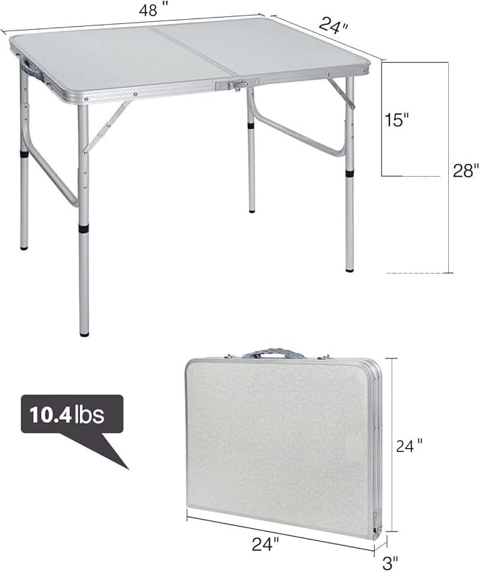 Aluminum Folding Table 4 Foot, Adjustable Height Lightweight Portable Camping Table for Picnic Beach Outdoor Indoor, White 48 x 24 inches